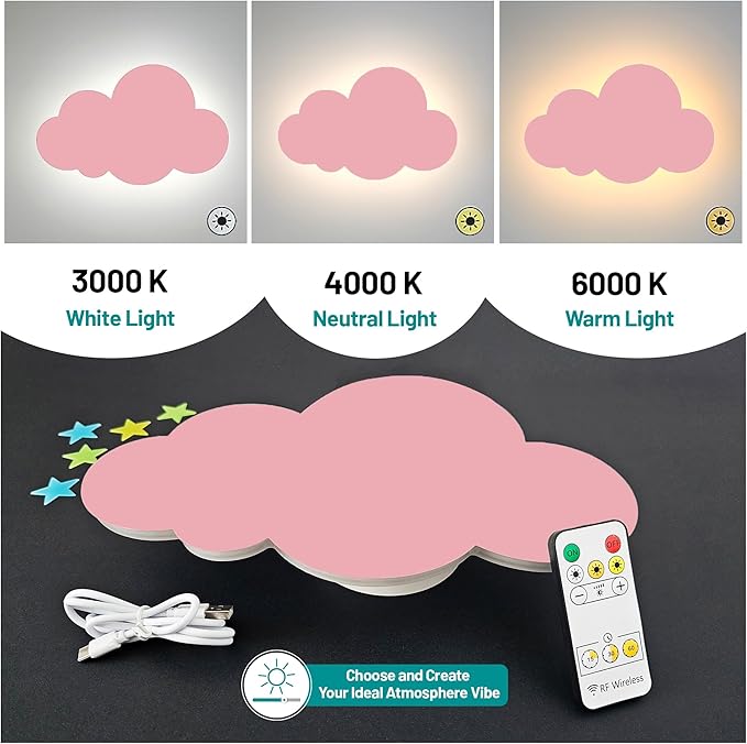 Cloud Lights - Nursery Decor Cloud Lamp, Rechargeable Baby Lamps with Remote, Hanging Lamp for Nursery, Kids Night Light with Timer & Touch Control (Pink)