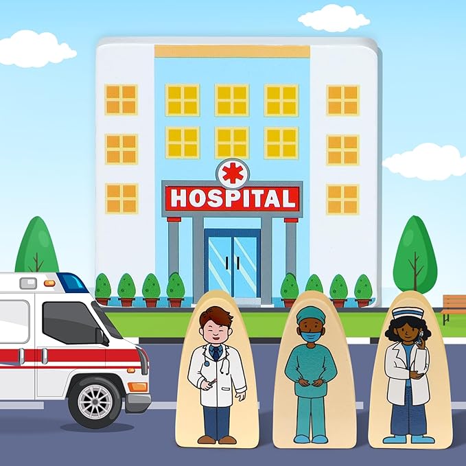 Atoylink 36Pcs Wooden Community Helpers Pretend Play Toys for Kids 3 4 5 6 Year Old, Wooden People Figures Blocks Occupations Dress up Toddlers Preschool Learning Toys Boys Girls Birthday Gifts