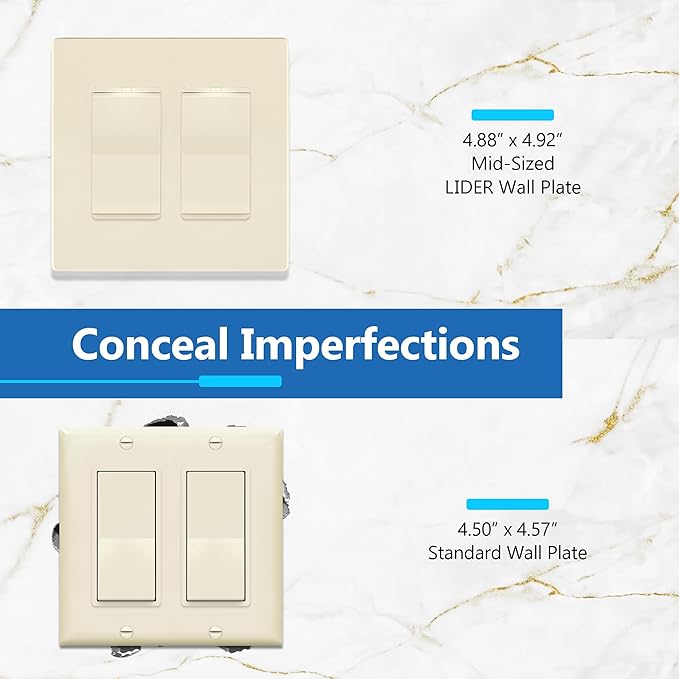 LIDER Matte Finish Decorator Switch Cover, Screwless Wall Plate, Mid-Size 2-Gang 4.88" x 4.92", Unbreakable Polycarbonate Thermoplastic, UL Listed, LSWP-32M-LA, Light Almond