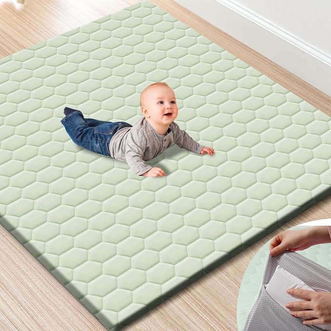 Premium Foam Baby Play Mat 50" x 50" with Removable Cover, Extra Thick Padding Playpen Mat, Non-Slip Floor Mat, Stylish & Easy to Clean for Crawling Baby, Infants & Toddlers, Green