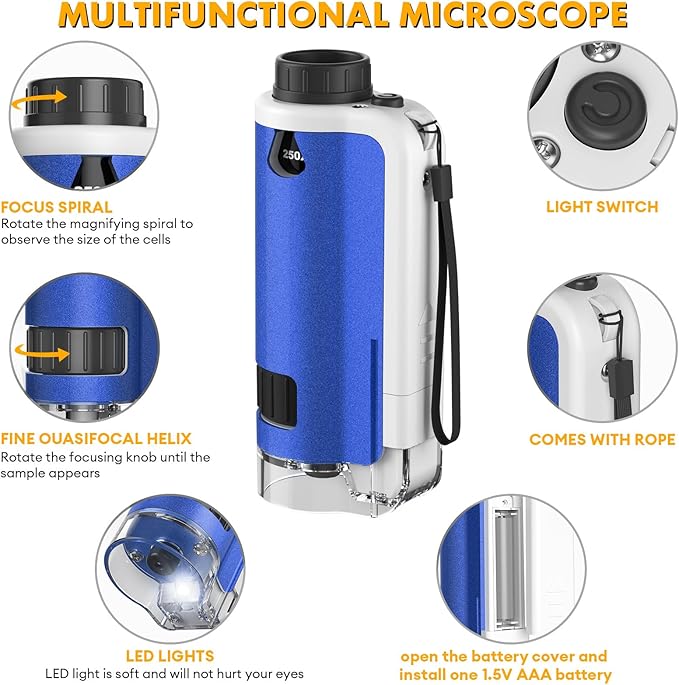 Portable Handheld Mini Microscope for Kids, 100x-250x Zoom with LED Lights, Alloy Pocket Microscope for Boys & Girls, Educational Science Kit (Blue)