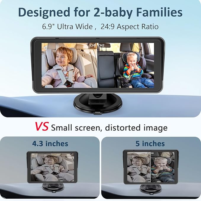 2-Kids Baby Car Camera for Seat: 6.9 Inch Ultrawide Display with Two Cameras Rear Facing - USB Powered Backseat Camera HD 1080P Easy to Install