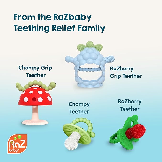 RaZbaby Bites Silicone Baby Teething Toy – Sensory Toy with Textured BerryBumps for Teething Relief, Easy-to-Hold Fruit Shape, BPA-Free, Soothes Front & Back Teeth – Gift for Babies, 3 Months+, Blue
