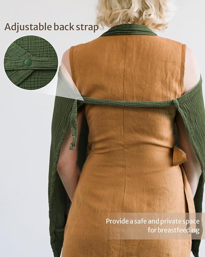 Blissful Diary Muslin Nursing Cover for Breastfeeding, Breathable Breastfeeding Cover up with Arch Neckline for Women, Nursing Apron (Dark Green)
