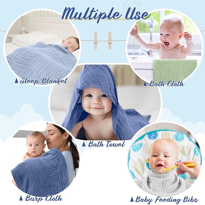 VitalCozy 8 Pcs Baby Muslin Hooded Bath Towels and Washcloths, 32 x 32 Inch Muslin Cotton Hooded Baby Towels Absorbent Blankets for Gift Newborn Infant Shower (Calming Color)