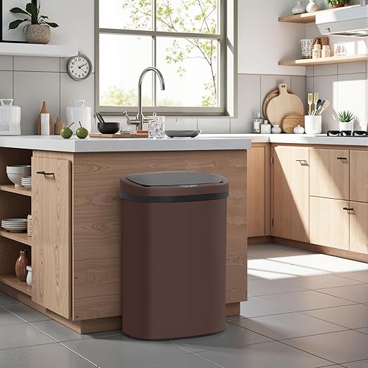 BestOffice | 13 Gallon Stainless Steel Trash Can with Lid | Brown | Automatic Touchless Garbage Can | Odor Control | Modern Oval Design | Easy to Clean | Fits Any Kitchen, Bathroom, Office or Home