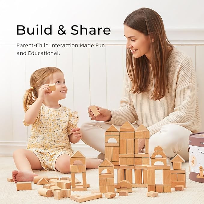 100pcs Natural Beech Wooden Building Blocks for Toddlers 1-3, Wooden Blocks for Baby Shower with Storage Bucket, Montessori Toys for Preschool Girls and Boys