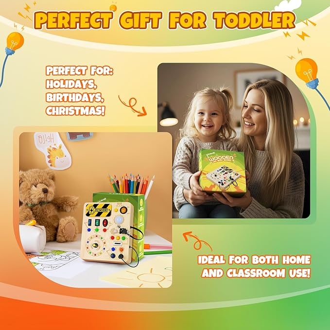 Busy Board, Montessori Toys for 1+ Year Old, Busy Board with 13 Led Light, Wooden Toddler Educational Travel Toy, 1 Year Old Boy&Girl Gifts