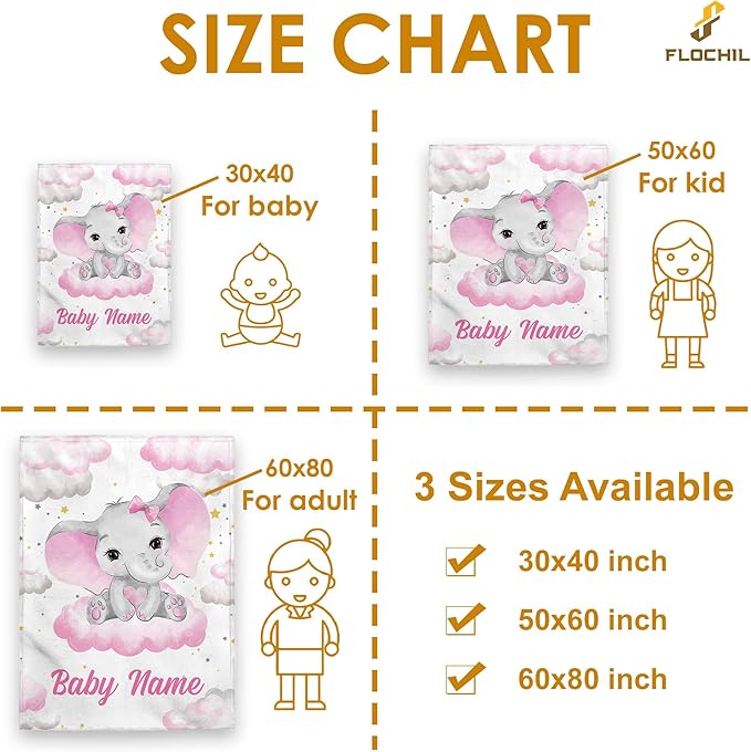 FLOCHIL Personalized Baby Blanket for Girls, Custom Baby Blanket with Name, Customized Baby Products, Gift for Baby, Newborn, Baby Shower (Elephants 4)