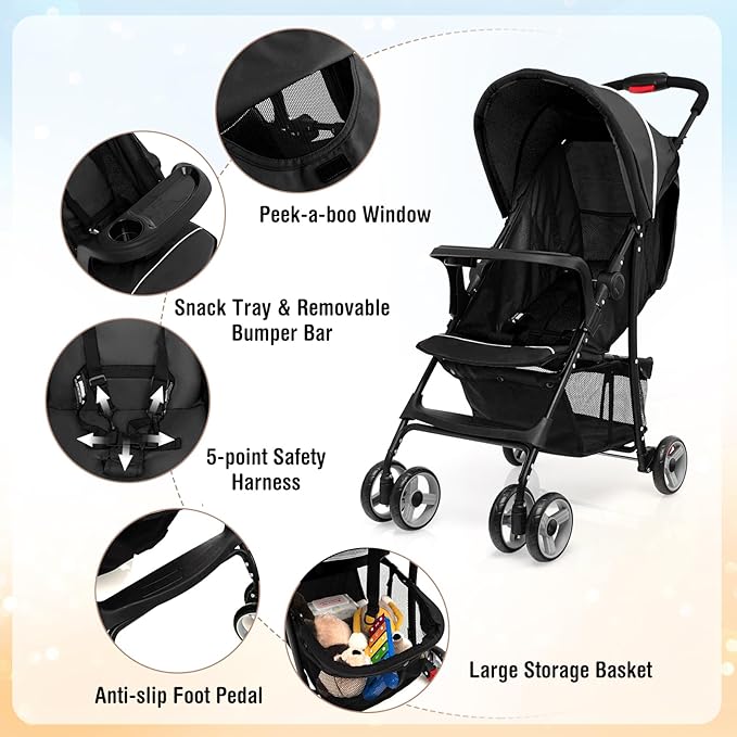 Baby Joy Lightweight Stroller, Compact Toddler Travel Stroller for Airplane, Infant Stroller w/Adjustable Backrest/Footrest/Canopy, 5-Point Harness, Storage Basket, Easy One-Hand Fold, Black
