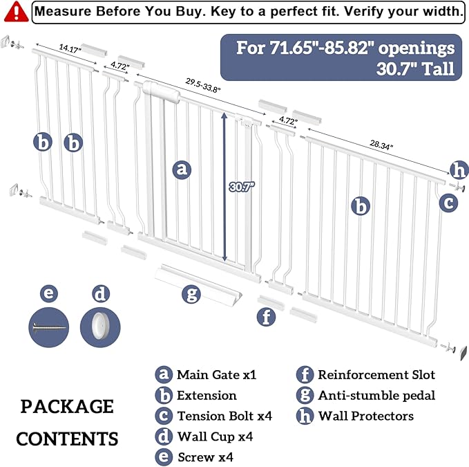Extra Wide Baby Gates for Doorways 71.65"-85.82" Extra Wide Baby Gate Dog gate Pressure Mounted No Drilling with Walk-Through, Auto-Close & Dual-Direction Swing for Large Wide Opening White