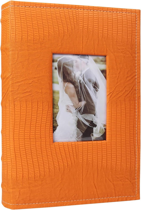 RECUTMS 4x6 Pictures Photo Album Leather Cover Photo Book Holds 300 Photos with Front Window,Photo Book with Writing Space to Share Photos Family Friends (Orange)