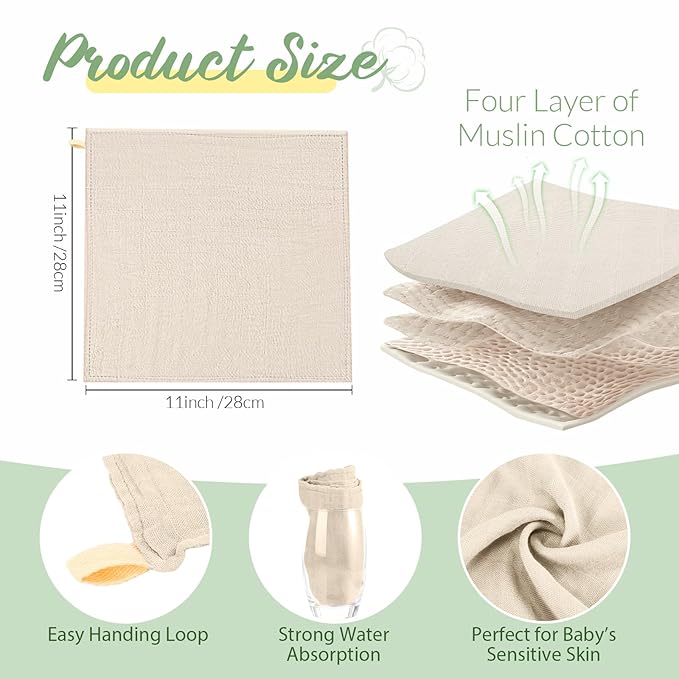 Preboun 6 Pcs Muslin Hooded Baby Towels and Washcloths 32"x 32" Cotton Newborn Bath Towel Anti-Shrink Infant Baby Blankets with Hood 12"x 12" Washcloths for Girl Boy Toddler(Ivory,Green)