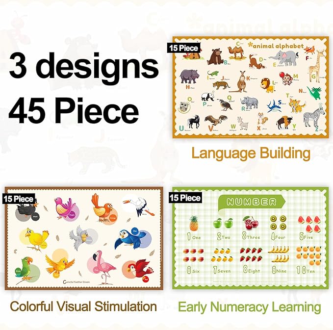 45 Pack Sticky Disposable Placemats for Baby & Toddlers,Toddler Placemat 12"x18" Kids Table Mat for Party, Picnic Table, Restaurants Dining Table Travel Essentials for Toddlers with 3 Designs