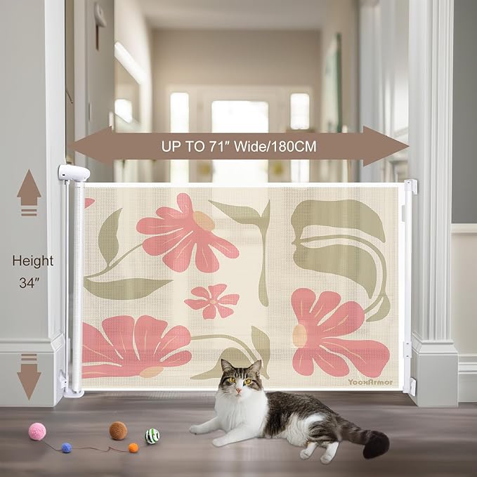 Retractable Baby Gate Child Safety 34" Tall x 71” Wide, Mesh, for Stairs, Doorways, Dogs, Pets, Indoor, Outdoor, One-Handed Operation, Locking, Easy Install, Hardware Mount, Flowers