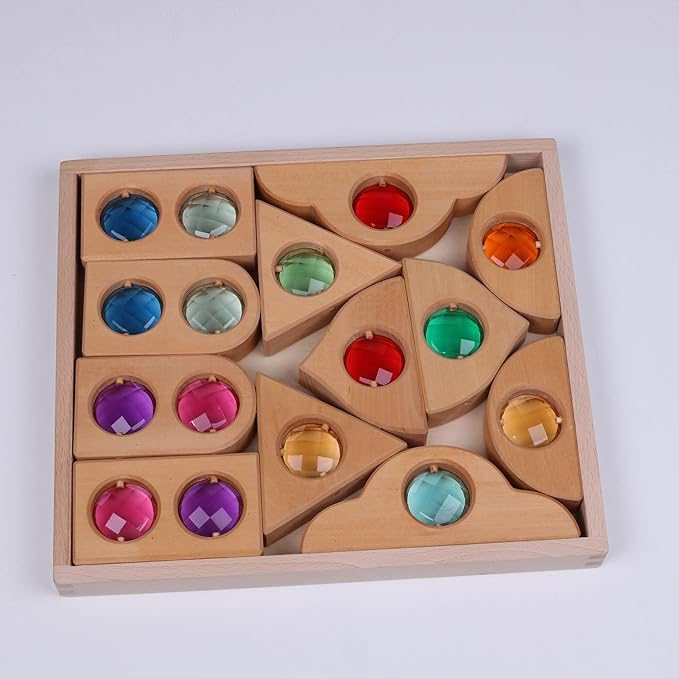 12PCS Acrylic Gem Fairytale Windows Blocks,Translucent Cubes Stacking Toys, Sparkling Acrylic Toy Wooden Stacking Blocks,Open Ended Play Montessori Educational Wooden Toys