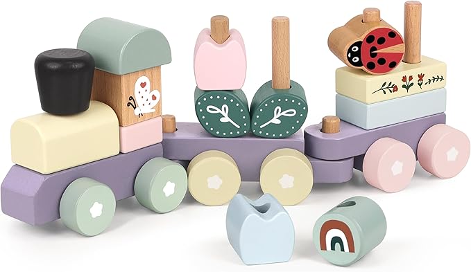 Wooden Stacking Train Toy Set,Wooden Building Blocks Train with Shape Sorter Early Learning Gift for Toddlers Boys Girls 12 Months and up