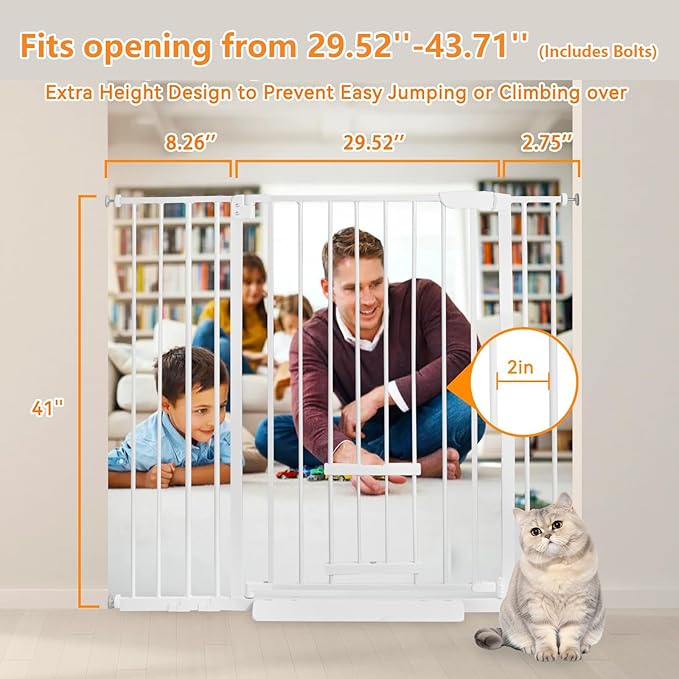 41 Inch Tall Baby Gate with Small Cat Door, Adjustable Auto Close Dog Gate Easy Walk Thru Pet Door for Stairs, Doorway, House (White, 29.52"-43.71" Includes Bolts)