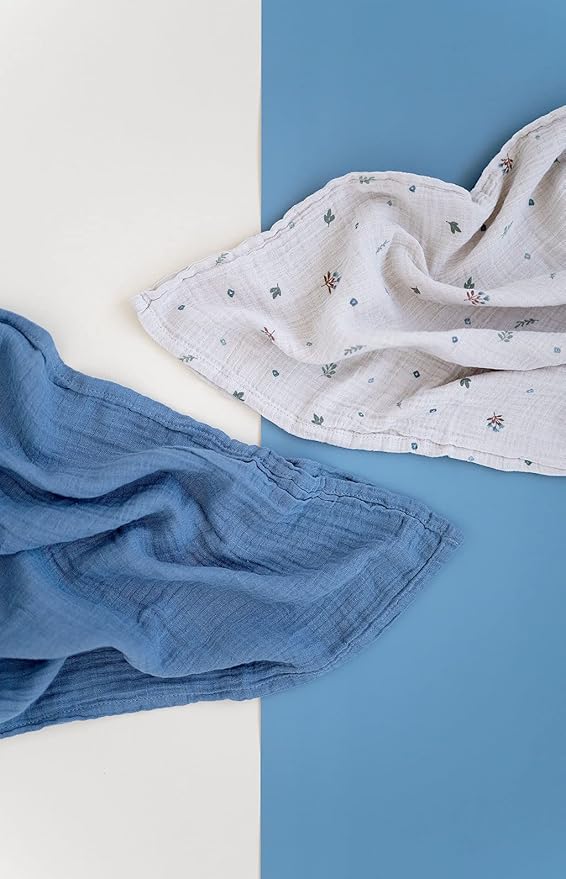Ely's & Co. Muslin Swaddle Blanket 2-Pack — 100% Cotton Muslin Extra-Large Swaddle Blankets (47” x 47”) Solid + Printed (Blue Garden Flower)