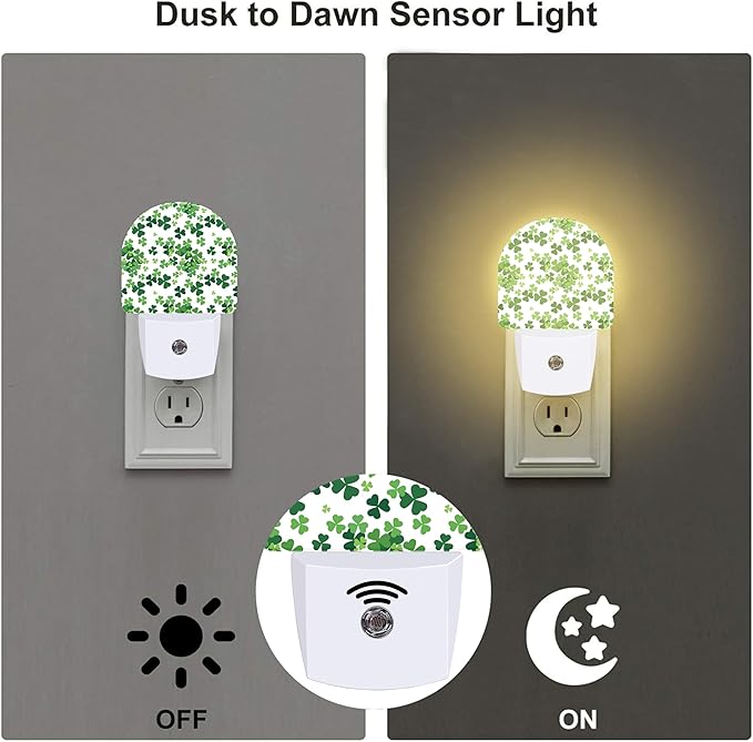 St Patrick's Day Shamrock Night Light Plug into Wall,Green Ireland Clover Leafs Dusk to Dawn Night Light Plug in,0.5w Energy Saving Sleep Friendly NightLight for Kids Boys Girls Home Decor