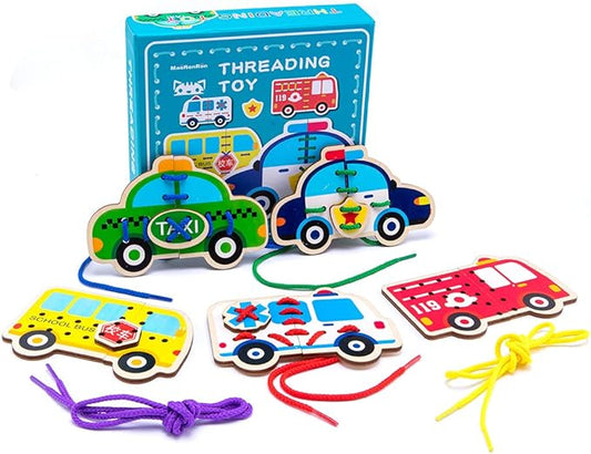 Promise Babe 5 Pack Lacing Cards Wooden Cars Block Puzzle Threading Toys Montessori Toy Sewing Cards for Toddler Educational Preschool Toys…