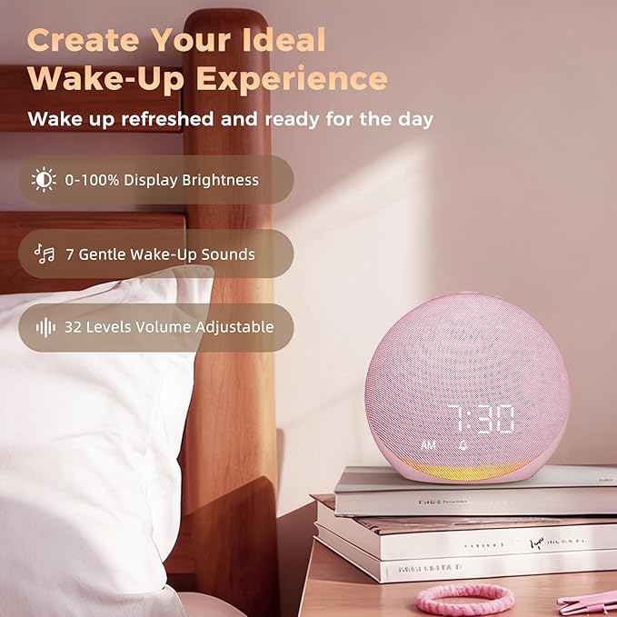 Sound Machine Alarm Clock for Bedroom: 25 Natural Sleep Sounds - White Noise Machine for Adults Kids Baby - Gentle Wake Up Alarm with Bluetooth Speaker - Pink