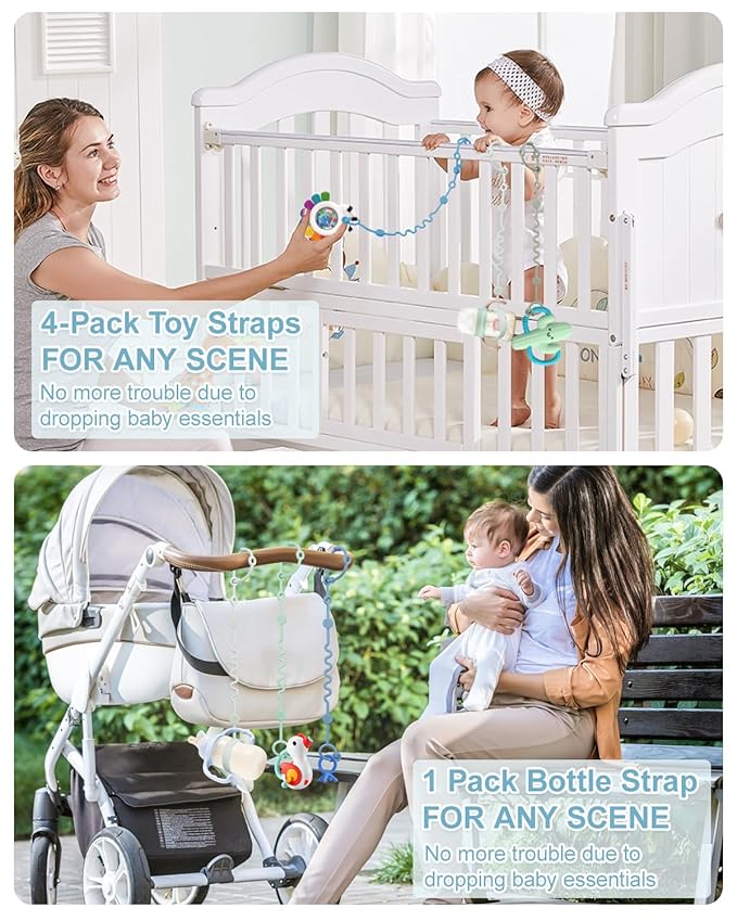 Toy Straps for Baby, Adjustable Toy Holder for Stroller Accessories, Silicone Tether Pacifier Clip, No Throw Travel Essential Leash for High Chair, Car Seat (boy-4 Pack)