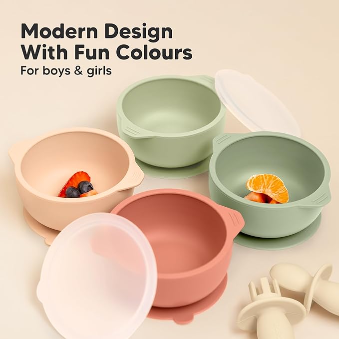 KeaBabies 2-Pack Baby Bowls with Suctions, Lids - Silicone Toddler Suction Bowls for Baby Boy, Girl, Kids, Food Grade Silicone, BPA-Free, Dishwasher Safe, Toddler Eating Essentials (Sage)