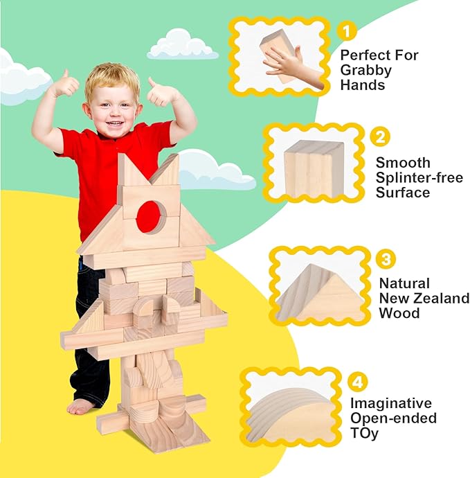 64-Piece Wooden Building Blocks with Storage Tray | Natural Wood Preschool Educational Toys for Toddlers Ages 3+ | Ideal Gift for Boys & Girls