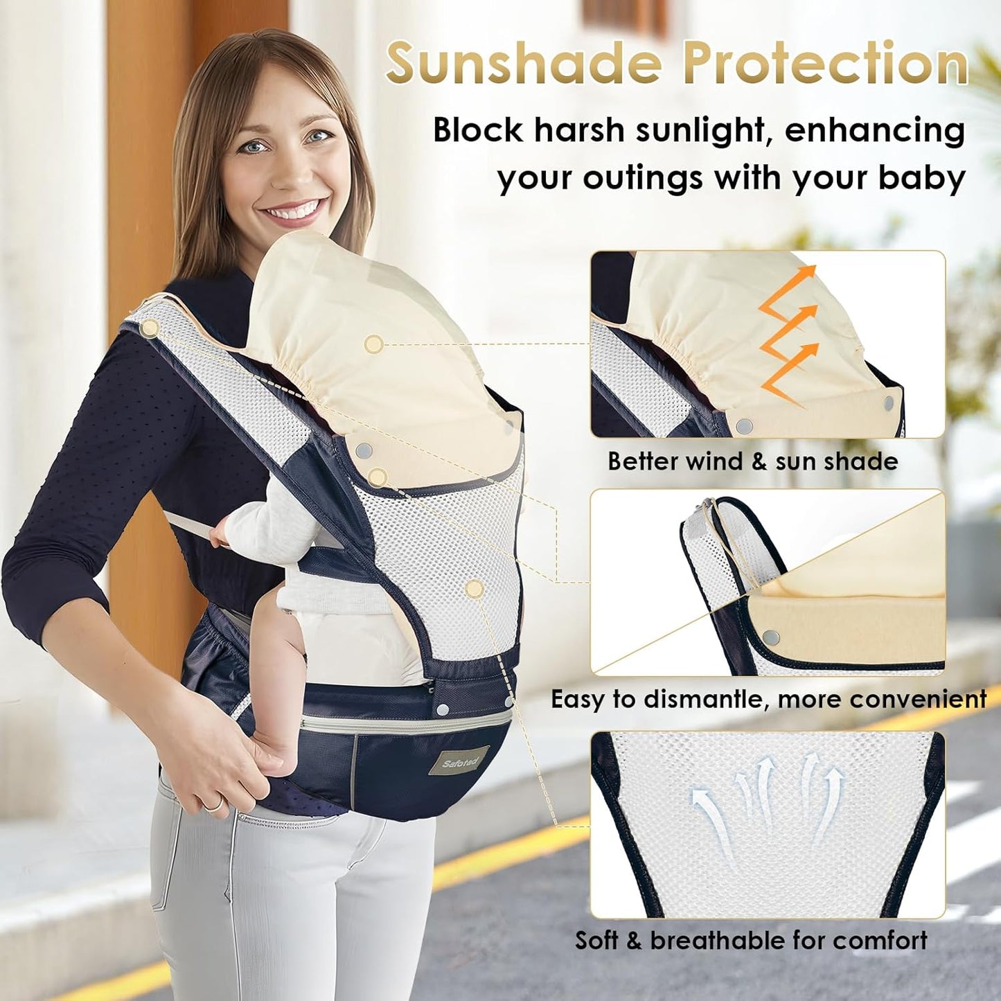 Baby Carrier Newborn to Toddler, Lightweight Ergonomic Baby Hip Seat Carrier Up to 33lbs, Adjustable Extended Waistband Infant Carrier with Breathable Sunshield, Navy Blue