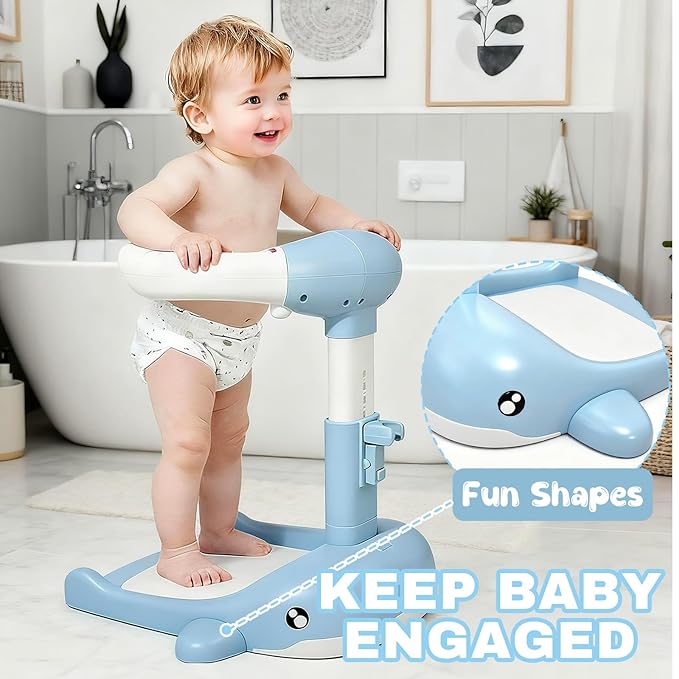 Baby Shower Stand Foldable Toddler Shower Standing Support with Anti-Slip Base Adjustable Infants Bath Support for 8-36 Months Portable Bath Helper (Upgraded-Whale)