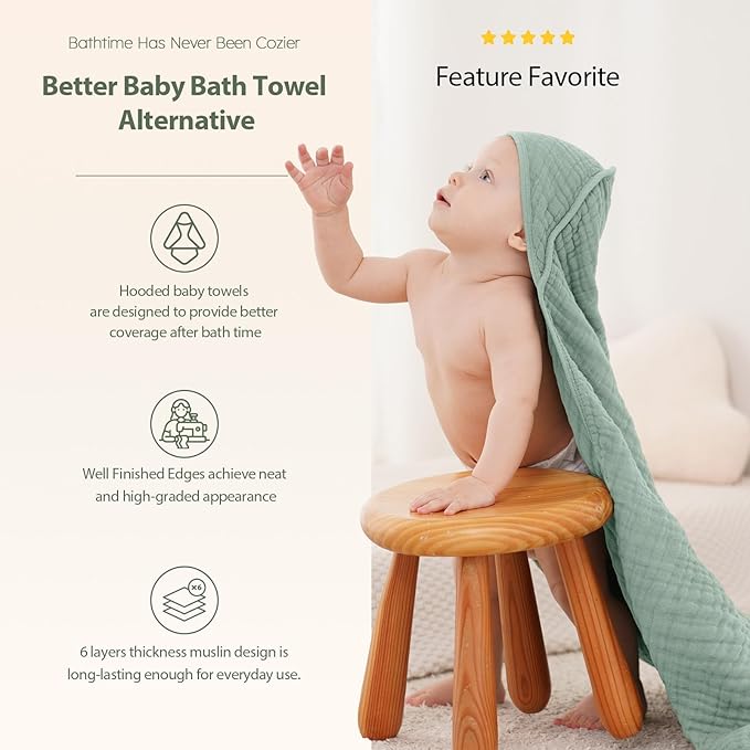 Hooded Baby Towels for Newborn - 2 Pack, 100% Muslin Cotton, Baby Bath Towels with Hood, Soft and Absorbent for Boys, Girls Infant, Toddler and Kids, Large 32x32 Inches, Newborn Essential