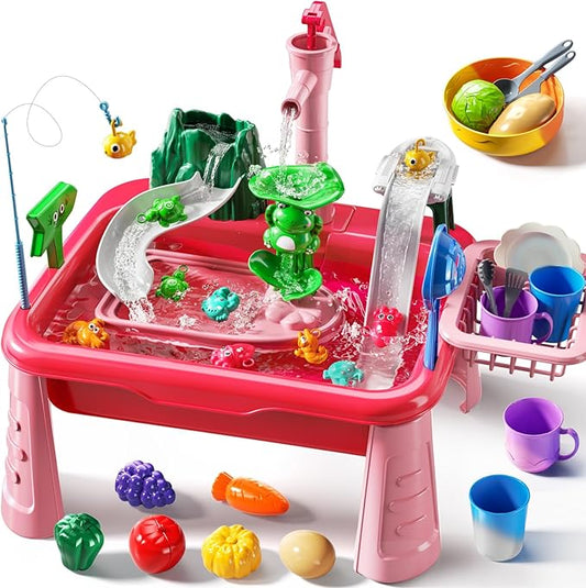 Water Table for Toddlers 3-5- Kids Play Sink with Pump and Running Water, Water Table for Kids Ages 4-8 with Fishing Game, Summer Outside Sensory Gift Toys for Boy and Girl 3 4 5 6 7 8 (Red)