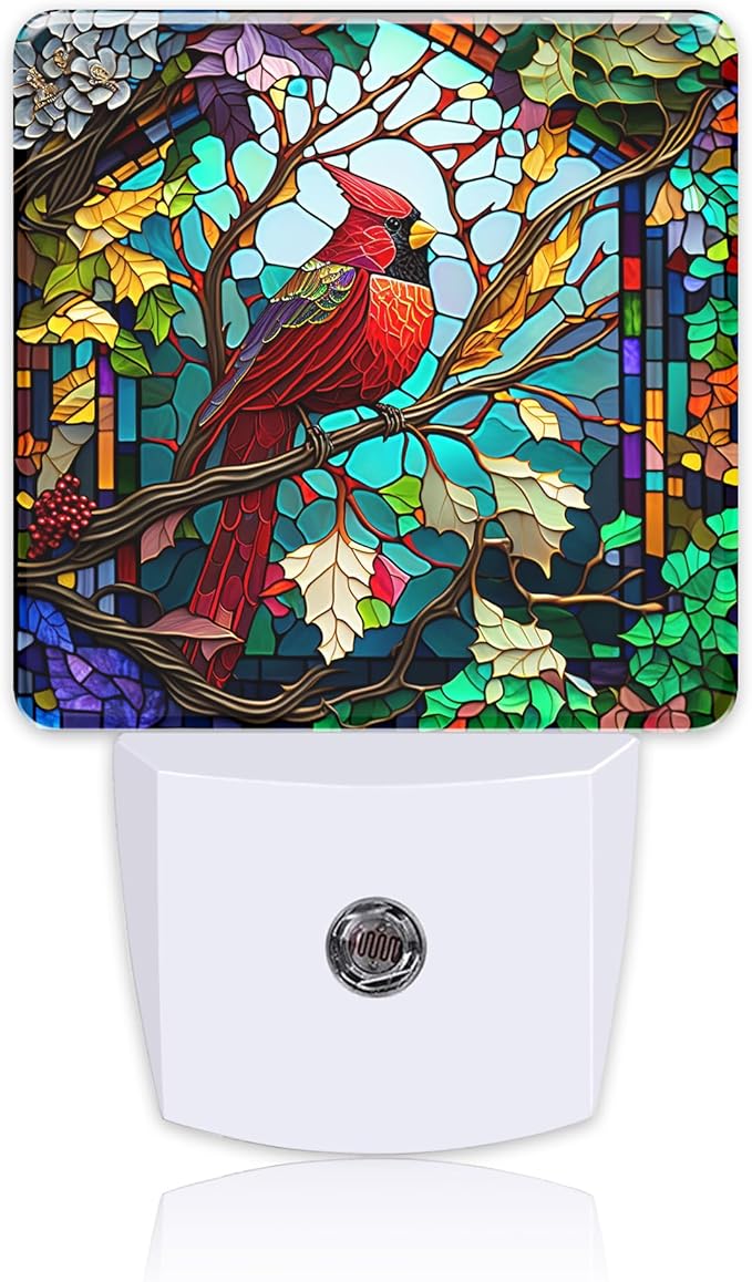 Plug in Night Lights Christmas Stained Glass Cardinal Bird Nightlight Plug Into Wall Dusk to Dawn Sensor LED Night Light for Kid Girls Boys Room Decor,Hallway,Kitchen,Bathroom,Nursery,Stairs
