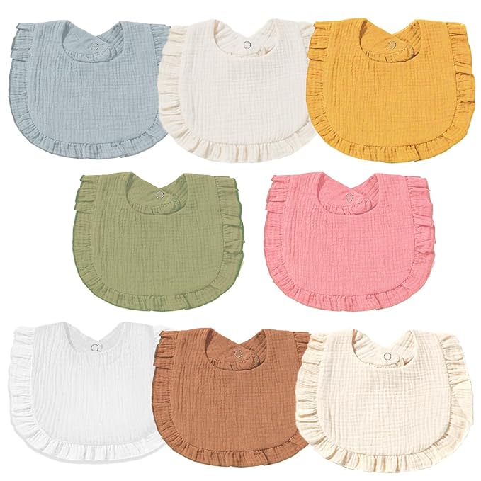 Muslin Baby Bibs - Soft 100% Cotton Drool Bandana Bibs for Baby Girls, 8 Solid Colors Set