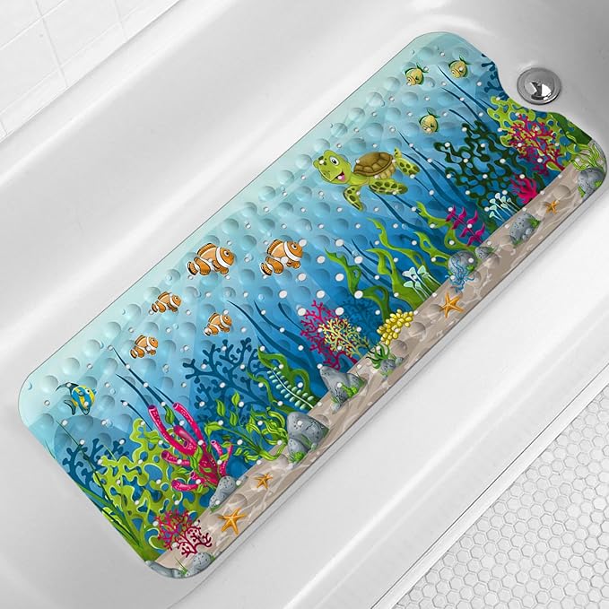 LNOND Sea Turtle Bath Mat for Tub for Kids, Ocean Bathtub Mat, Kids Bath Mats for Bathroom Non Slip with Drain Holes and Suction Cups,Machine Washable (40 X 16 Inch)