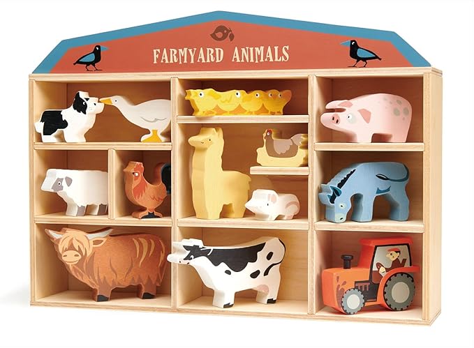 Tender Leaf Toys Farmyard Animals “ 13 Wooden Country Farm Figurines with a Display Shelf - Classic Toy for Pretend Play “ Develops Creative & Imaginative Skills “ Learning Role Play “ Ages 3+ Years