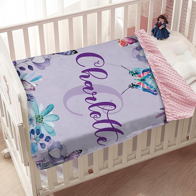 Personalized Baby Blanket, Custom Name Baby Blanket for Girl Boy, Purple Butterfly Double Layer Dotted Backing Receiving Swaddle Blankets, Toddlers Infants New Parents Customized Gifts(30"x40")