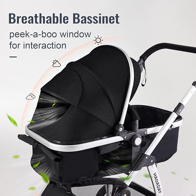 Baby Stroller, 2-in-1 Reversible Toddler Seat with Bassinet Mode, Foldable Infant Stroller with Canopy, One Button Brake, Adjustable Handle, Newborn Pushchair(Black)