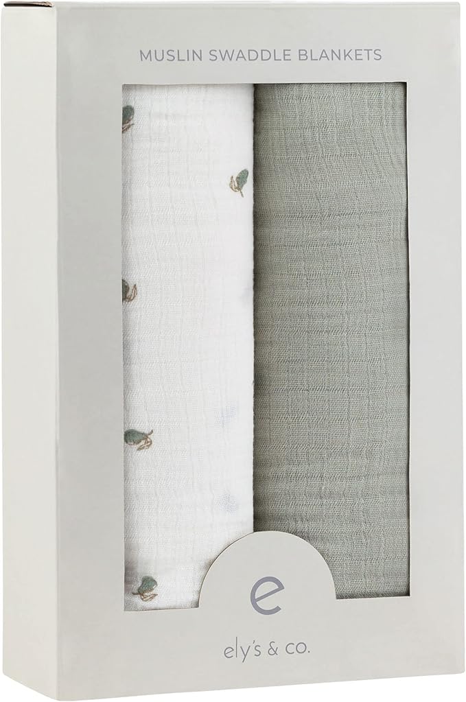 Ely's & Co. Muslin Swaddle Blanket 2-Pack — 100% Cotton Muslin Extra-Large Swaddle Blankets (47” x 47”) Solid + Printed (Sage Pear)