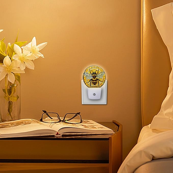 Round LED Night Lights Lamp with Dusk to Dawn Sensor, 3D Circular Stained Glass with Bumblebee Night Light Plug Into Wall for Kids Room, Bedroom, Bathroom, Kitchen, Hallway