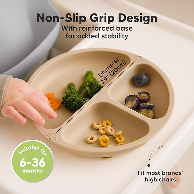 KeaBabies Suction Plates with Lids for Baby - 3-Pack 100% Silicone Toddler Plates with Suction, Divided, BPA-Free Baby Led Weaning Essentials for Kids, Dishwasher, Microwave Safe, Durable (Quantum)