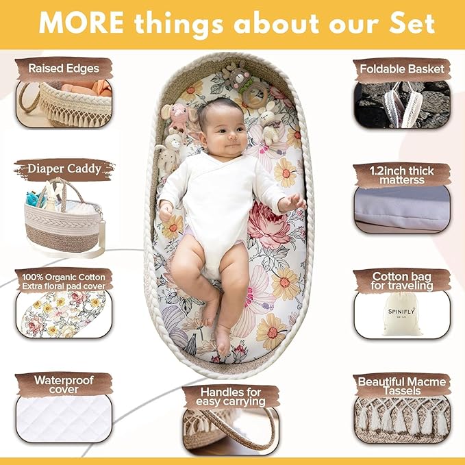 Baby Changing Basket Set with Diaper Caddy Organizer Macrame Boho Moses Basket for Babies, Handmade 100% Cotton Rope, Woven Portable Nursery Decor Waterproof Pad & Floral Pad