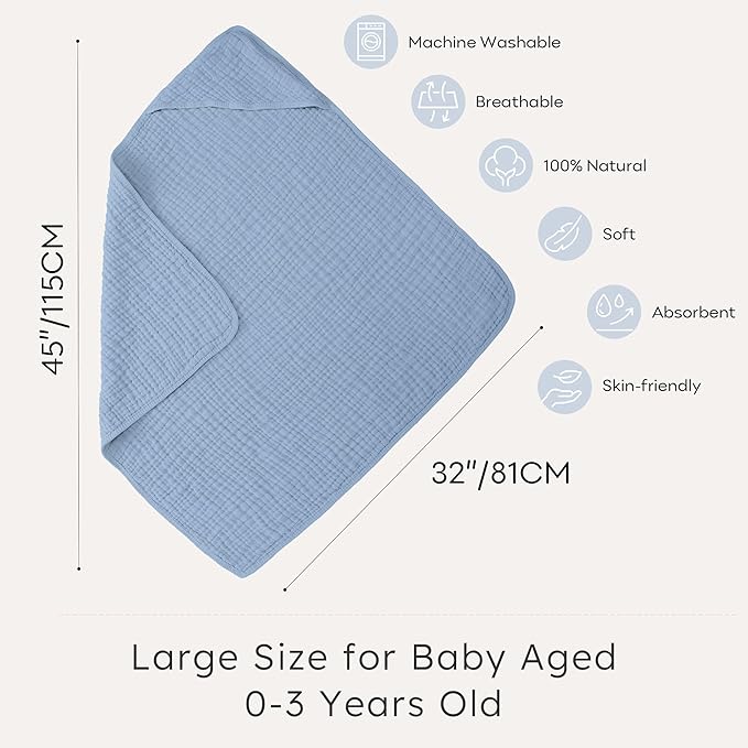 Looxii Baby Bath Towels 2 Pack Muslin Hooded Baby Towels for Newborn and Infants, 100% Cotton, Large 32x32Inch, Soft and Absorbent Blue+Green