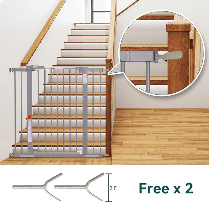 BABELIO 36" Tall Baby Gate, 26-40" Wide Auto Close Pet Gate, PressGuard C5 Pressure Mounted Metal Dog Gate, Easy-Install No Drilling, No Tools Needed, with Wall Protectors and Extension Kits, Gray