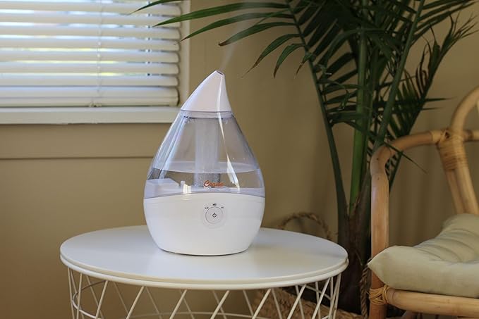 Crane Ultrasonic Teardrop Humidifier for Baby, Cool Mist, Auto Shut off, Adjustable Humidity, for Nursery, Bedroom, Clear and White, 0.5 Gallon