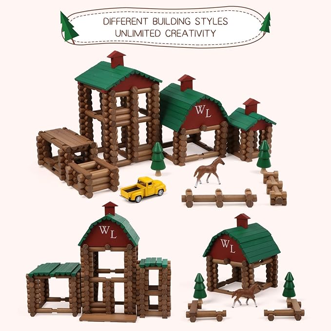Wondertoys 330 Pcs Wooden Log Set Real Wood Logs Classic Building Log Ages 3+ Best Retro Building Gift Set for Boys Creative Construction Engineering Educational Gifts