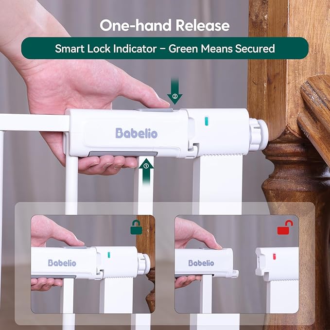 BABELIO Baby Gate for Doorways and Stairs, 26-31" Pet Gate with Wide Walk Thru Door and Lock Indicator, No Drill Pressure Mounted Safety Gate with Double Lock and Self-Closing, White