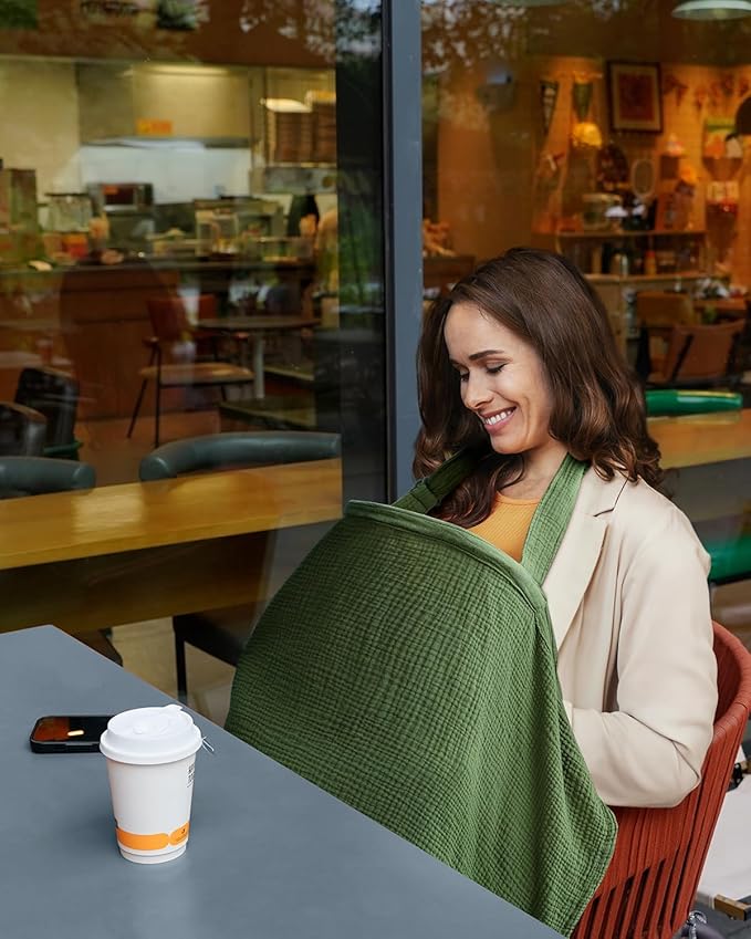 Blissful Diary Muslin Nursing Cover for Breastfeeding, Breathable Breastfeeding Cover up with Arch Neckline for Women, Nursing Apron (Dark Green)