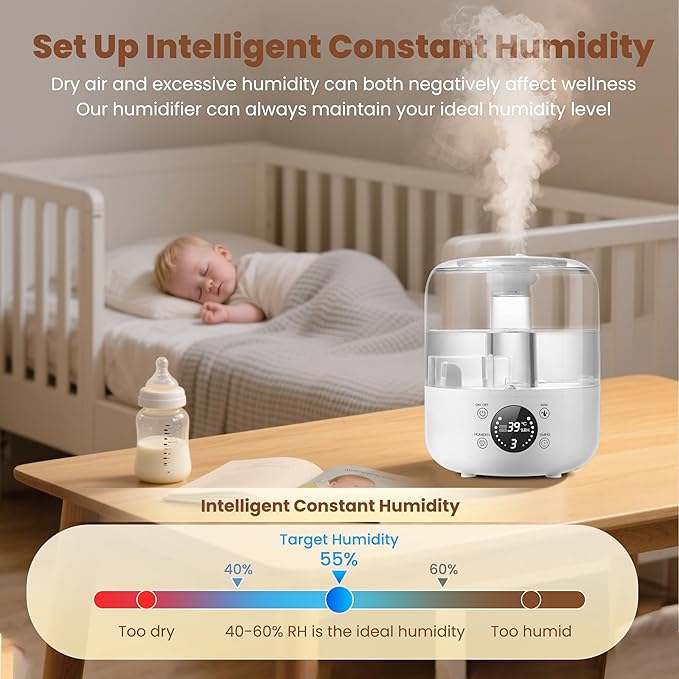 Humidifiers for Bedroom Baby, QWUE Top Fill 3L Humidifier Large Room, Easy to Fill & Clean, 28dB Quiet Cool Mist Air Humidifier for Plants, Home, Nursery, Allergy Relief, Auto Shut-off and BPA-Free